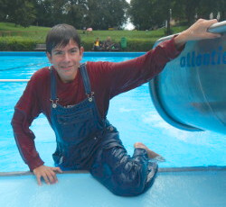 pool swim in jeans and hoodie